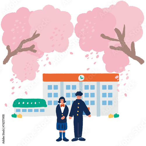桜の木下に立つ制服を着た男女の学生のシンプルでフラットなイラスト
