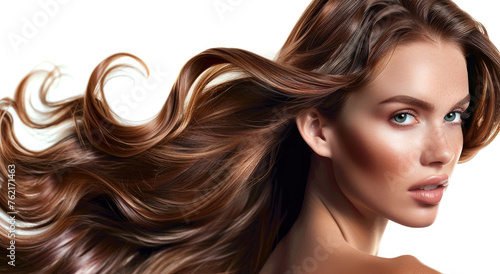 A beautiful woman with shiny wavy hair and perfect hairstyle and makeup against a white background. Her hair color is a brownish red and her skin tone is tanned