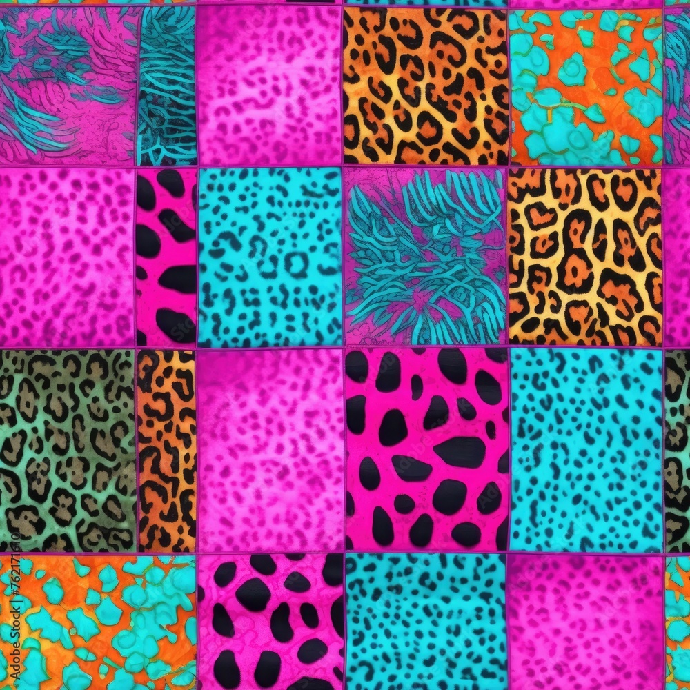 This dynamic quilt-inspired pattern is a kaleidoscope of color, where vibrant pink and turquoise hues meet bold leopard prints. This dynamic quilt-inspired pattern is a kaleidoscope of color, where vibrant pink and turquoise hues meet bold leopard prints.