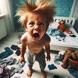 hyperactive, mischievous and defiant brat boy toddler in a messy bedroom, cheeky and naughty, screaming for attention. Naughty kids concept.