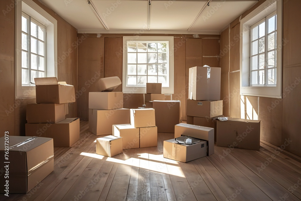 Moving Boxes in Empty Room with Sunlight Moving Boxes in Empty Room with Sunlight