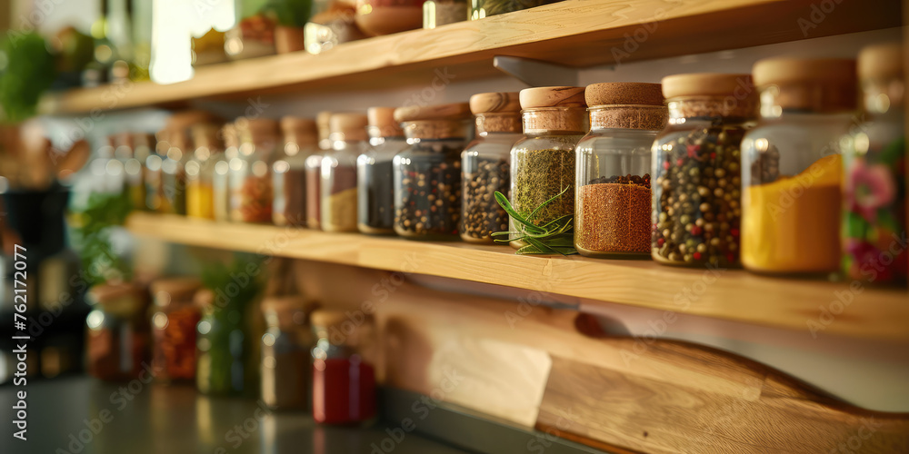 Organized Spice Jars on Kitchen Shelve. Array of assorted different dry spices in glass jars neatly lined up, organization of order.