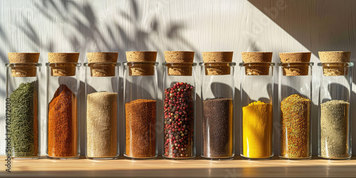 Fototapeta Naklejka Na Ścianę i Meble -  Organized Spice Jars on Kitchen Shelve. Array of assorted different dry spices in glass jars neatly lined up, organization of order, copy space.