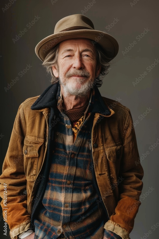 Elderly man smiling at camera. A close-up portrait of an elderly, man with a warm smile, wearing fashionable clothes.