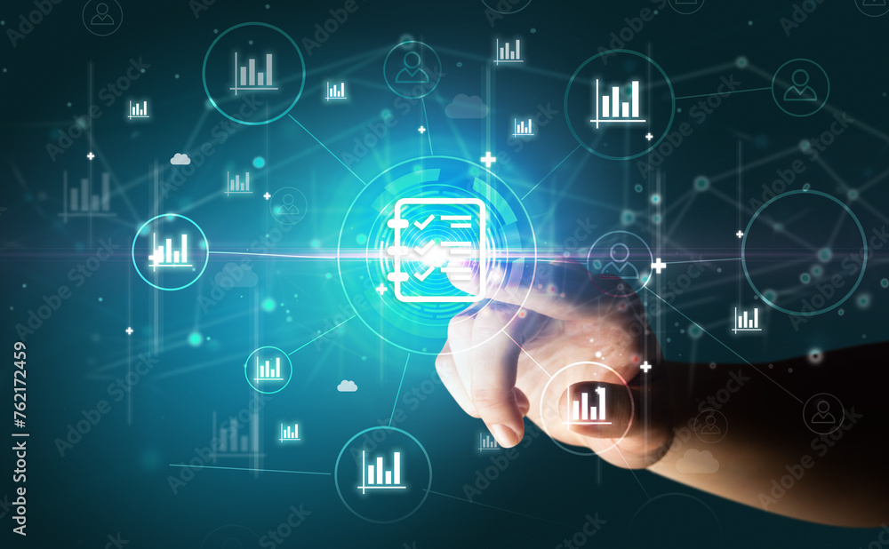 Businessman hand pressing stock graphic information on multitouch screen