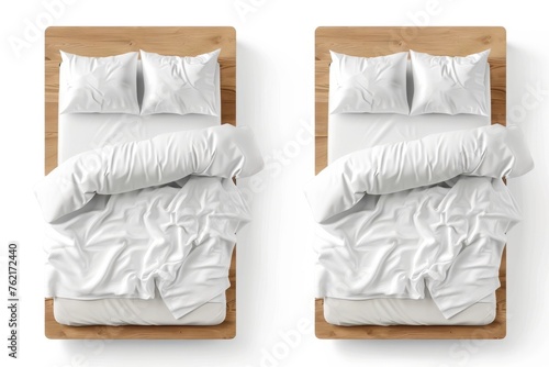 A realistic mockup of a mattress displaying a white sheet, pillows, and duvet. Modern realistic mockup showing a white bed with a blank linen, 3D furniture for sleep separated on a white background.