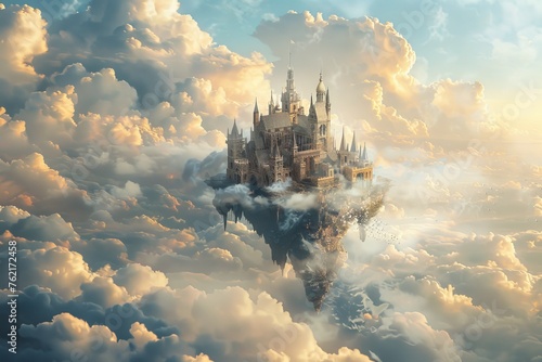 A surreal fantasy scene featuring a castle floating amidst clouds, surrounded by mythical beasts photo