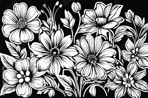 Abstract elegance seamless pattern with floral background. Flower Coloring Page, Flower Line Art Vector. Coloring book flowers doodle style black outline. Line art floral black and white background. 