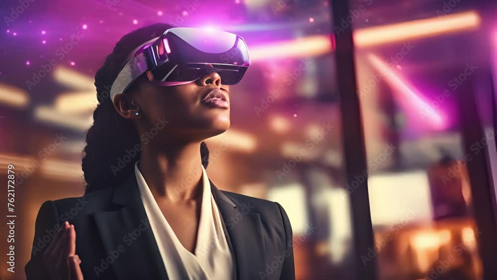 Businesswoman using VR goggles while working in office, explores the digital metaverse, blending technology with business. Smart technology metaverse future goggle device Businesswoman using VR goggles while working in office, explores the digital metaverse, blending technology with business. Smart technology metaverse future goggle device