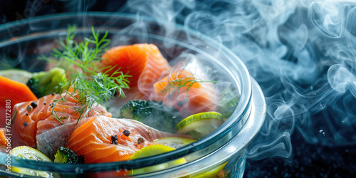 Steaming Salmon and Vegetables in Transparent Steamer. Close-up of salmon fillets and fresh vegetables steaming in a glass pot with hot steam, copy space. © SnowElf