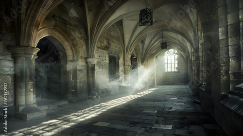Sunbeams pierce through an old cathedral window  casting a mystical glow over the historical stone architecture.