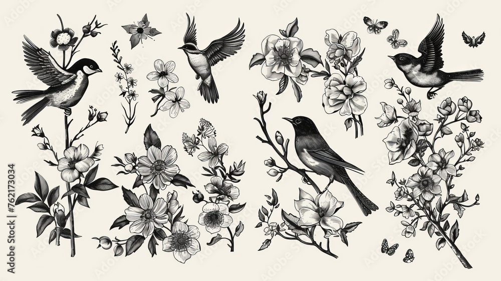 Flowers and birds hand drawn on floral ornaments | Engraving for spring and summer designs | Vintage labels - obrazy, fototapety, plakaty 