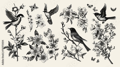 Flowers and birds hand drawn on floral ornaments   Engraving for spring and summer designs   Vintage labels © Mark