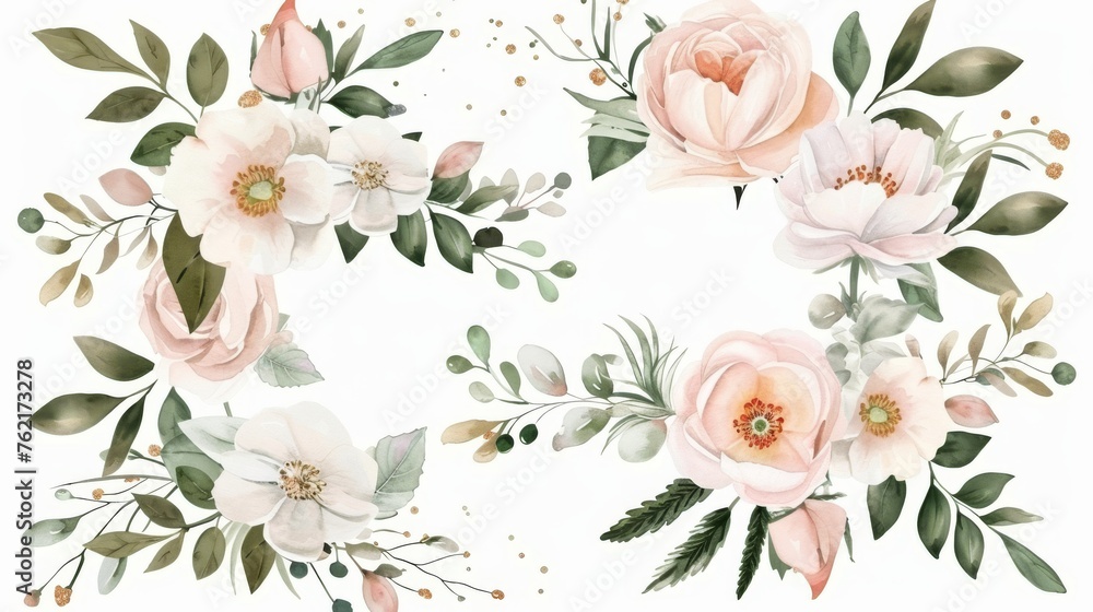 Wedding invite, thank you, RSVP card created with watercolors: garden flower pink peach rose white anemone green leaves elegant greenery & gold glitter. Wedding invite, thank you, RSVP card created with watercolors: garden flower pink peach rose white anemone green leaves elegant greenery & gold glitter.
