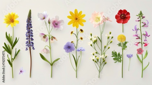 Wildflowers in spring and summer. Three-dimensional realistic modern set of flowers
