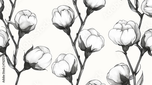 An endless texture of cotton blossom flowers, a modern illustration for wedding invitations, wallpaper, textiles, or wrapping paper. photo