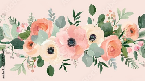 This is a modern design for a floral card, with garden flower. The colors of the flowers are lavender, pink, peach, white, anemone wax, eucalyptus, thyme leaves elegant greenery, berries, forest