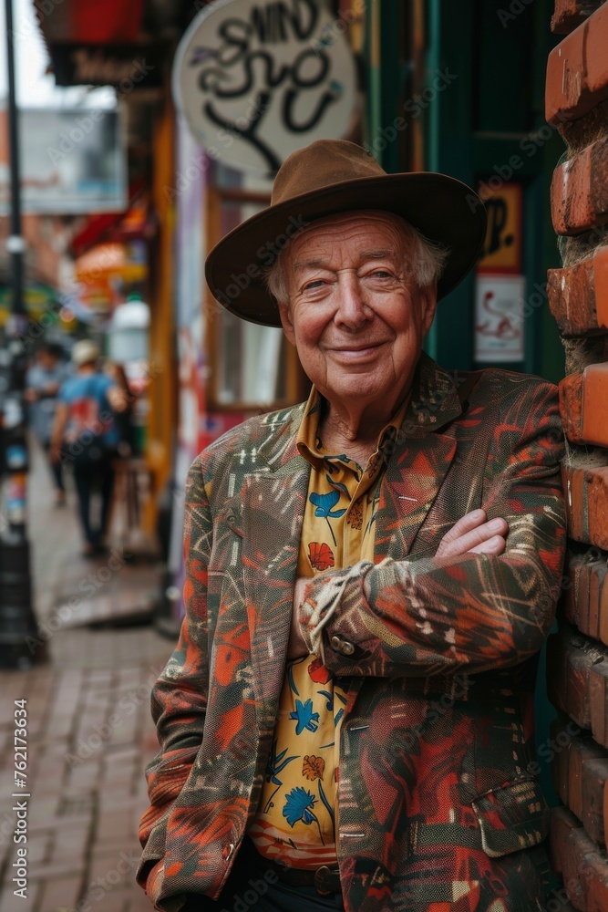 Fototapeta premium Elderly man smiling at camera. A close-up portrait of an elderly, man with a warm smile, wearing fashionable clothes.