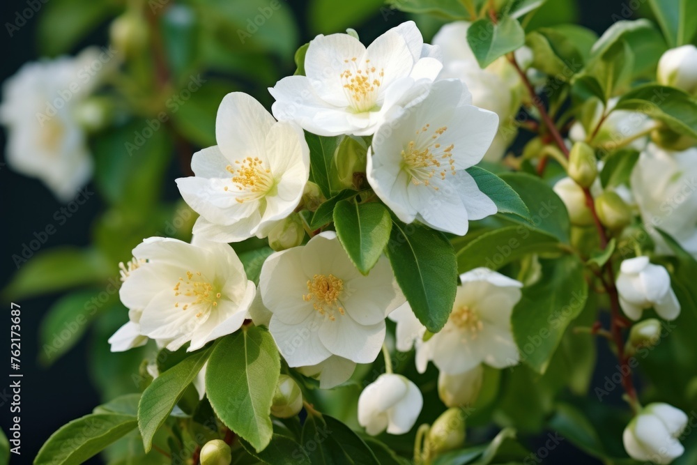Fototapeta premium Enchanting Philadelphia jasmine flowers. White blooming botanical floral fragrant plant. Generate ai