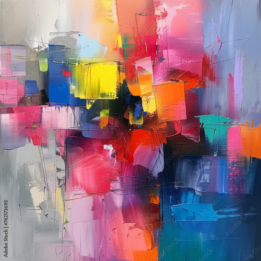Vibrant abstracts on canvas, capturing the chaotic beauty of urban life in a burst of colors and shapes