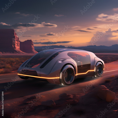 Future car on the road with desert background.