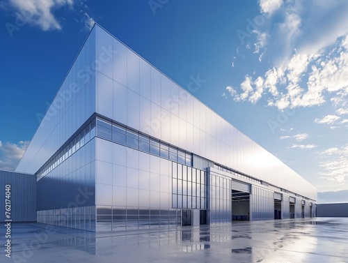 A sleek industrial building with reflective windows against a blue sky with clouds.