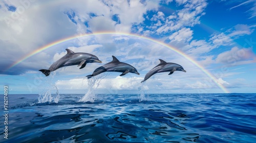 Playful Dolphins Leaping in Ocean Rainbow Shot