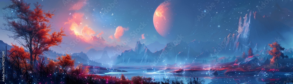 Visionary landscapes depicting unknown planets with exotic terrains and bioluminescent vegetation
