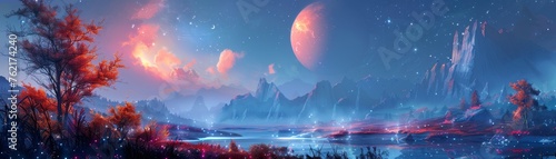 Visionary landscapes depicting unknown planets with exotic terrains and bioluminescent vegetation #762174240
