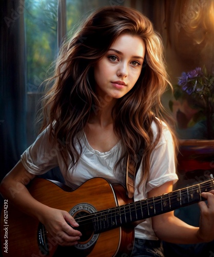 Sweet, charming girl with a guitar. Young, talented girl.