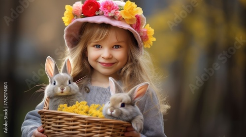 Cute little child wearing bunny ears on Easter day. Girl holding basket with painted eggs - generative ai