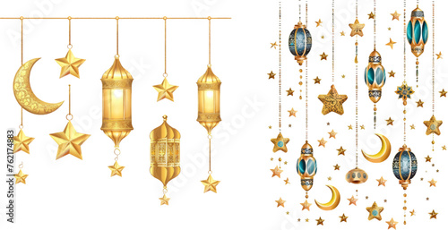 Muslim ornamental hanging golden lanterns, stars and moon vector illustration