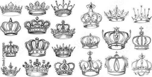 King crown sketches, majestic tiara, king and queen royal diadems vector