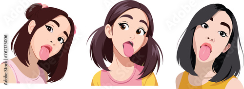 Set of three cartoon girls sticking out tongues