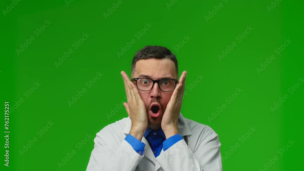 The doctor man surprised and shocked, looking with wide eyes, excited on green chroma The doctor man surprised and shocked, looking with wide eyes, excited on green chroma