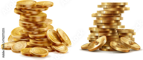 Golden coin dollar stack, gold treasure prize, cash coin piles isolated vector illustration icons set photo