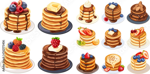 Stacks of tasty pancakes with maple syrup, butter, chocolate syrup, fruits and jam