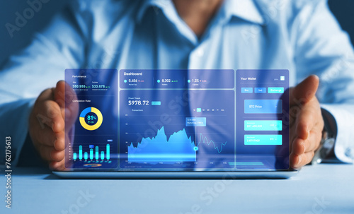 Business finance data analytics graph.Financial management technology.Advisor using KPI Dashboard on virtual screen.	
