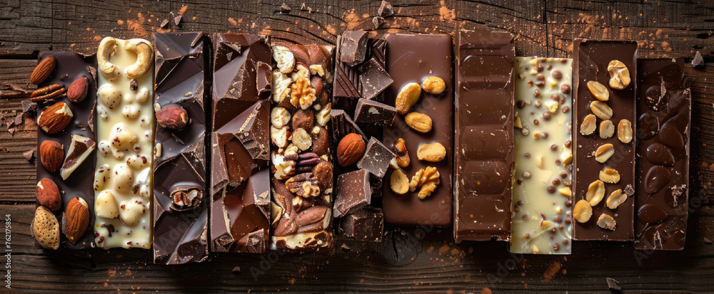 Different types of chocolate bars and nuts on wooden background. Top view