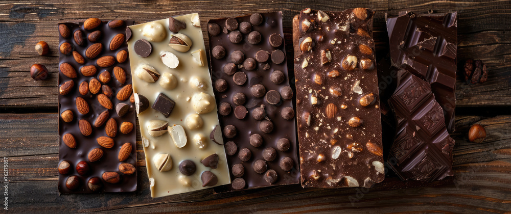 Chocolate bars with nuts on a wooden background. Top view. Chocolate bars with nuts on a wooden background. Top view.