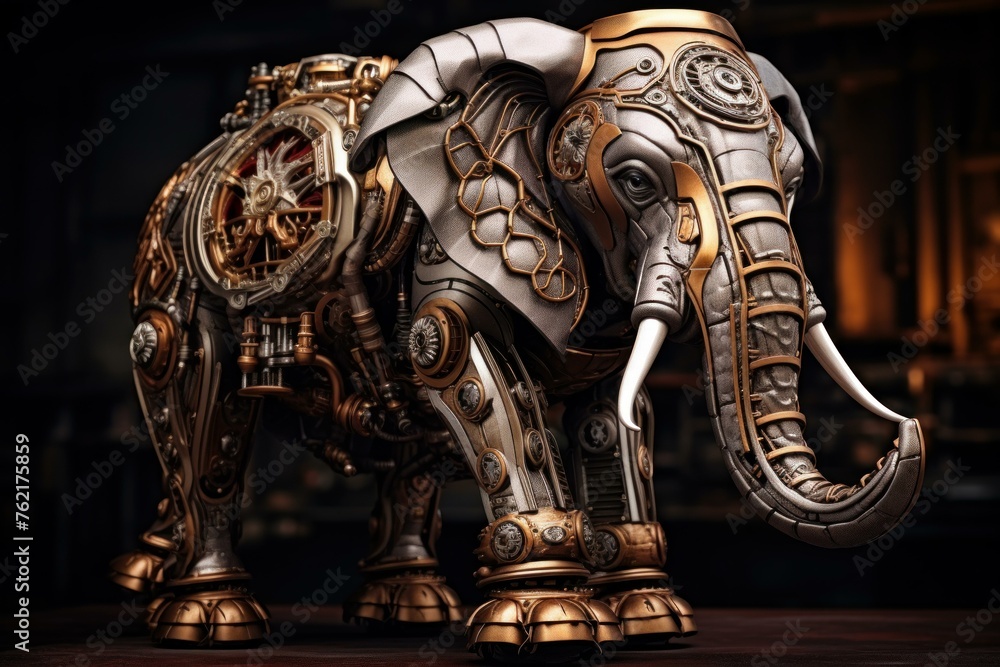 Aged Steampunk elephant. Engine animal machine. Generate Ai - obrazy, fototapety, plakaty 