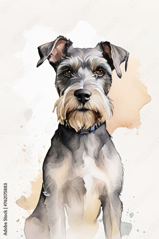 Miniature Schnauzer dog portrait on white background. Digital painting