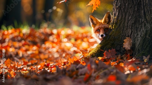 Mischievous Fox Peeking from Autumn Tree Trunk photo