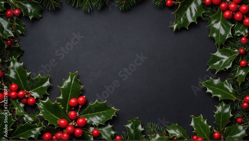 christmas background with holly berries and holly | empty space background | closeup | flowers frame