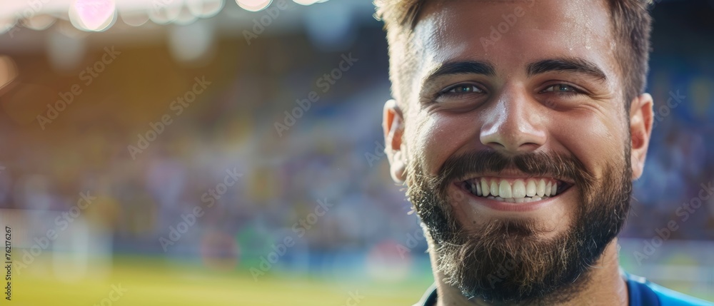 Portrait of male football fan wearing sports jersey. in the stands, men supporters inflamed by the football match. Generative ai Portrait of male football fan wearing sports jersey. in the stands, men supporters inflamed by the football match. Generative ai