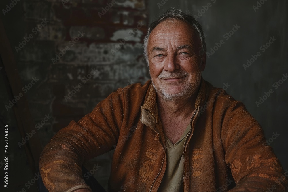 Obraz premium Elderly man smiling at camera. A close-up portrait of an elderly, man with a warm smile, wearing fashionable clothes.