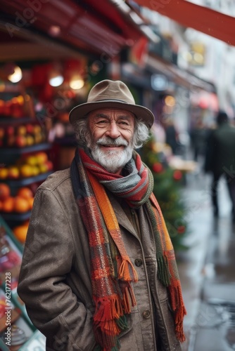 Elderly man smiling at camera. A close-up portrait of an elderly, man with a warm smile, wearing fashionable clothes.