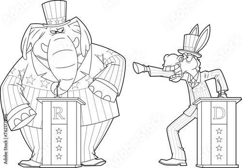Outlined Republican Elephant vs Democrat Donkey Cartoon Characters. Vector Hand Drawn Illustration Isolated On Transparent Background