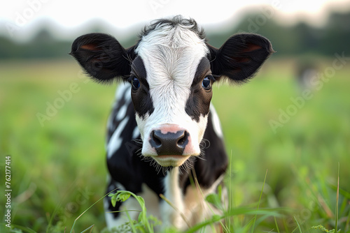 Portrait of cute black and white calf on the meadow of pasture.
