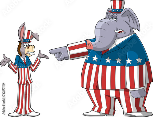 Democrat Donkey vs Republican Elephant Cartoon Characters. Vector Hand Drawn Illustration Isolated On Transparent Background